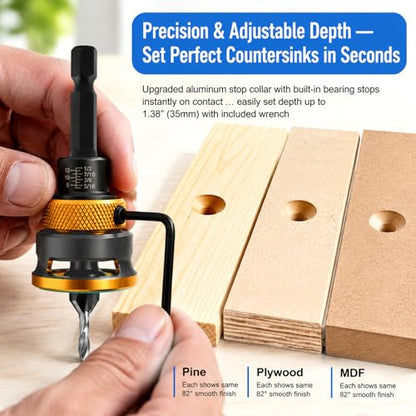 7PCS Countersink Drill Bits Set, Four-Flute Tapered Drill Bits, Alloy Countersink Bit for Wood, Include Adjustable Depth Stop Collar&Wrench for 82 Degree Woodworking, Plywood &MDF