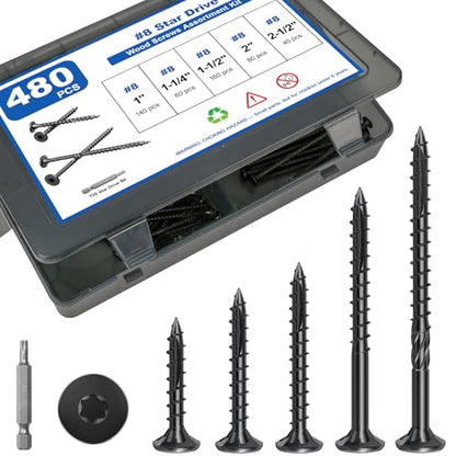 #8 Wood Screws Assortment Kit, 480Pcs 5Sizes Screws Set Assorted Screws - size: #8(5Sizes)—480pcs