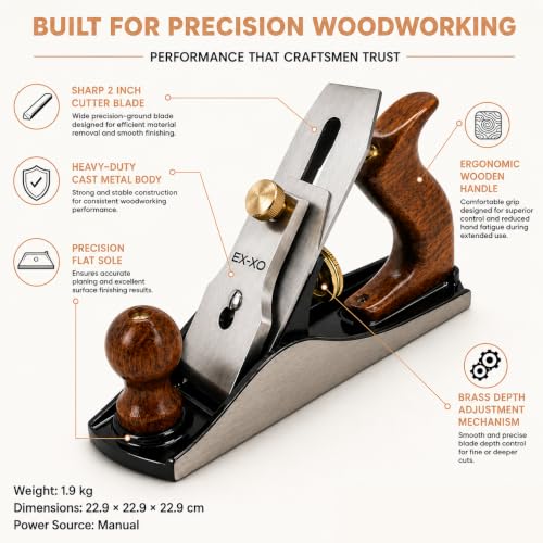 EX-XO No.4 Bench Hand Plane, 9-Inch Wood Planer with 2-Inch Cutter