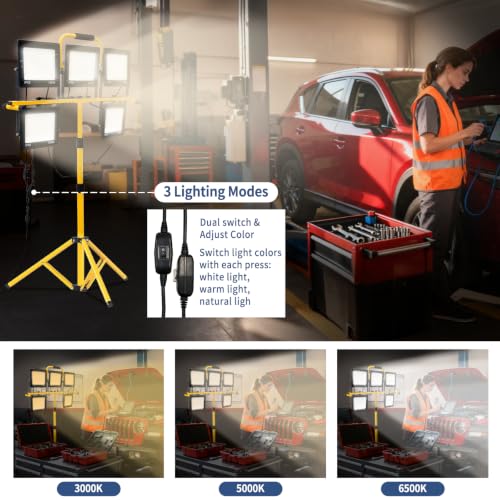 50000LM LED Work Light with Stand & Tripod 3 Head Dimmable IP66 - color: 5 Pack