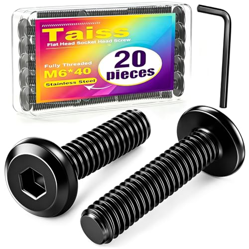 Taiss 20pcs M6 x 40mm Flat Head Socket Head Screw Furniture Bolts,Furniture Screws Stainless Steel 18-8(304),M6 Bolts Black Zinc Plated Fully Threaded,Countersunk Connector M6 Screws with Hex Spanner - size: 20PCS M6x40mm