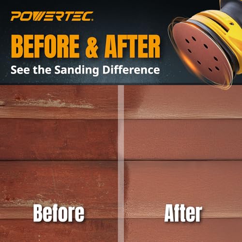 POWERTEC 100PK, 40/80/120/220/320 Grits, 5 Inch 8 Hole Hook and Loop Sanding Discs, Aluminum Oxide Sandpaper Discs, Woodworking Sanding Pads for Random Orbital, Palm, Air & Pneumatic Sander (45000V) - style: 40-320 Mixed Grit, 100PK