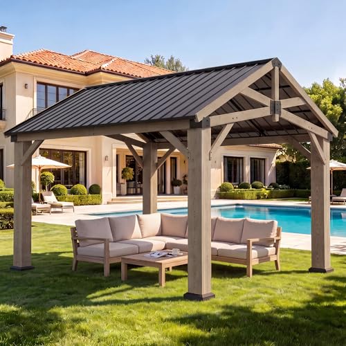 Aoxun 10' x 12' Wood Gazebo with Galvanized Steel Gable Roof, Gray - color: Taupe Gray, size: 10' x 12'
