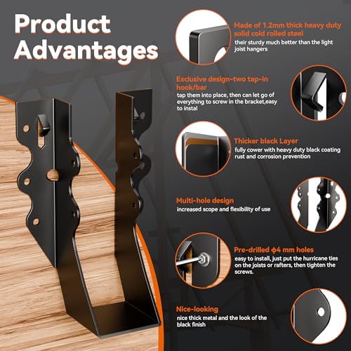 50 Pcs Black 2x6 Joist Hangers for Wood,18 Gauge Rafter Brackets, face Mount Joist Hangers, Hurricane Ties 2x6 Brackets for Shed/Barn/Coop/Porch/Truss, Structurally Sound and Aesthetically Pleasing - size: 50 Pcs 2x6, style: Black Joist Hanger