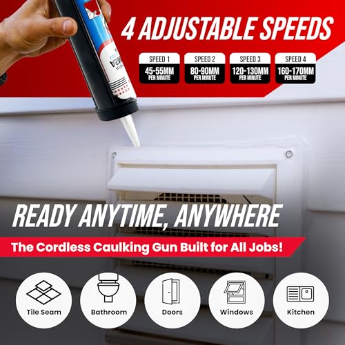 PROMAKER Cordless Caulking Gun, 21V Caulk gun w/ 2 Batteries, LED Light, Adjustable Speed, 3 Nozzle Adapters, 5 Knife Heads, 10 Oz Capacity, 550Lb Pushing Force, Caulk Tool Trowel & Scraper
