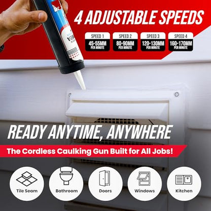 PROMAKER Cordless Caulking Gun, 21V Caulk gun w/ 2 Batteries, LED Light, Adjustable Speed, 3 Nozzle Adapters, 5 Knife Heads, 10 Oz Capacity, 550Lb Pushing Force, Caulk Tool Trowel & Scraper