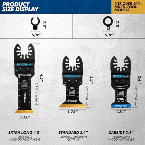 3PCS Oscillating Multi-Tool Blade Kit - Extra Long Plunge Blade, Standard Blade & Carbide General Purpose Blade for Deep Cuts, Flush Trim & Nail-Embedded Wood, Fits Dewalt Milwaukee Ryobi - size: 3pcs