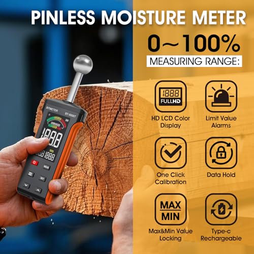 BTMETER Wood Moisture Meter - Pinless Moisture Detector Measur Depth 20-40mm Non-Destructive Moisture Tester with Masonry Spherical Sensor Sound Alarm LCD Display for Firewood Walls Flooring Concrete