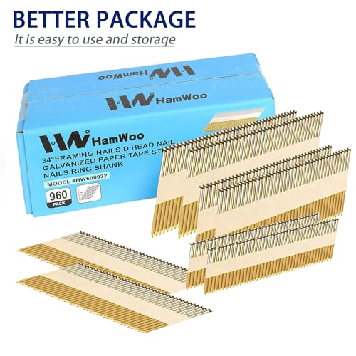 HW HAMWOO 34°Framing Nails,Ring Shank,2",2-1/2",3",3-1/2":960Pcs