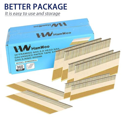 HW HAMWOO 34°Framing Nails,Ring Shank,2",2-1/2",3",3-1/2":960Pcs