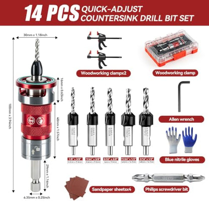 14 Pcs Countersink Drill Bit Set, self-Locking Device Quick-Adjust