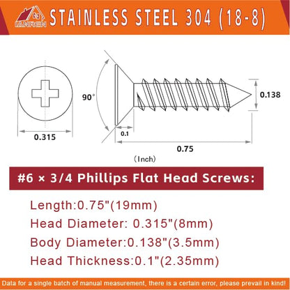 Stainless Steel Wood Screws 3/4" 280PC Phillips Flat Head Rust Resistant Screws for Cabinets Furniture Deck Indoor Projects - size: SS6KA-N19 (280pcs)