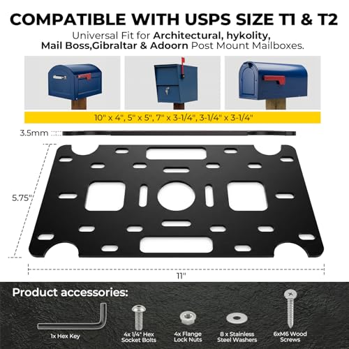 Mailboxes Post Mount Bracket - Universal Mailbox Mounting Plate, Compatible with Architectural, Gibraltar & Adoorn, Adjustable Slotted Base for 4x4 Wood & T-Post, Hardware Kit Included