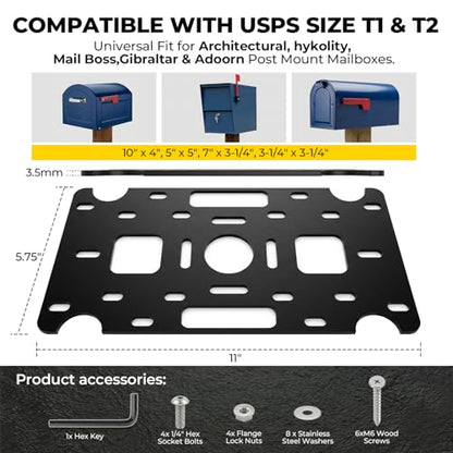 Mailboxes Post Mount Bracket - Universal Mailbox Mounting Plate, Compatible with Architectural, Gibraltar & Adoorn, Adjustable Slotted Base for 4x4 Wood & T-Post, Hardware Kit Included