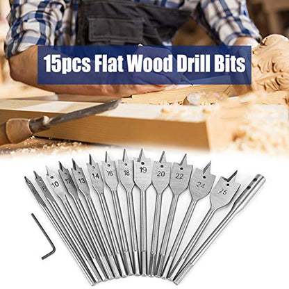 15-Piece Spade Drill Bit Sets, 6‑25mm Paddle Flat Bit with 1/4'' Quick Change Shank & 6'' Drill Bit Extension for Hole Cutter Woodworking