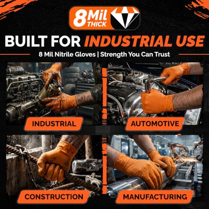 GripProtect 8 Mil Nitrile Gloves – Chemical Resistant, Diamond-Raised Textured Gloves, Orange Heavy Duty Disposable Gloves - size: S