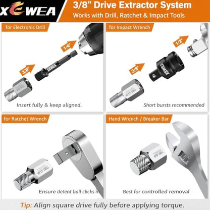 XEWEA 14PCS 3/8" Drive Screw Extractor Set，Multi-Spline Easy Out - size: 10+4PCS