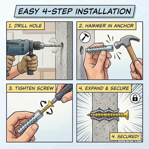 Concrete Wall Anchors and Screws Kit 50 Sets, 8mm Heavy Duty Masonry Anchors for Brick & Stone, Metal Expansion Wall Plugs Mounting Hardware for Shelf Installation