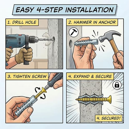 Concrete Wall Anchors and Screws Kit 50 Sets, 8mm Heavy Duty Masonry Anchors for Brick & Stone, Metal Expansion Wall Plugs Mounting Hardware for Shelf Installation