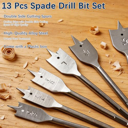 13-Piece Spade Drill Bit Sets, Alloy Steel Paddle Flat Bit with Shank, Flat Wood Hole Cutter Fit for Woodworking, Assorted Bits with Nylon Storage Pouch, 1/4" to 1-1/2"