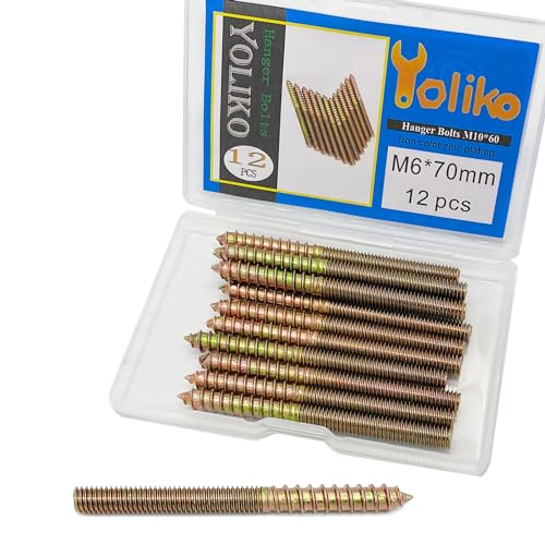 12 Pack M6 x 70 Hanger Bolts 70mm(2.76") Double Headed Bolts 6mm(0.24") Wood Dowel Screw Hanger Bolts for Furniture - size: M6X70-12P