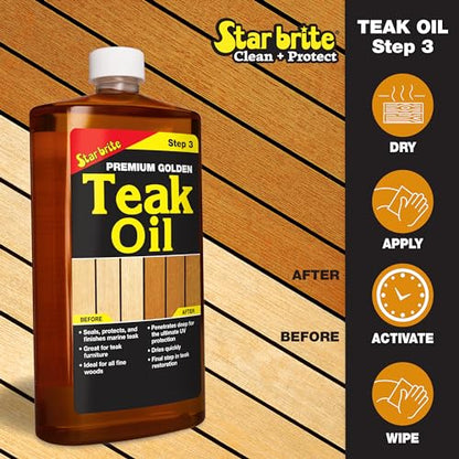 STAR BRITE Teak Kit - Restore Decks, Patio, Outdoor Furniture, Boats & Fine Wood - Marine Grade Teak Cleaner & Brightener Set with Premium Golden Teak Oil Finish - Renew, Refinish & Protect (081202) - style: 32 OZ Kit