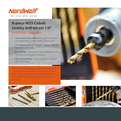 NordWolf 8-Piece HSS M2 Brad Point Wood Drill Bit Set, Titanium Nitride Coated with 1/8" Straight Shank for Rotary Tools & Flex Shafts, SAE Sizes 3/32"-1/8"-5/32"-3/16"-1/4" in Storage Case - size: 3/32" to 1/4" (5 Pcs)