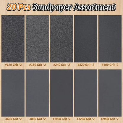 20 PCS Wet Dry Sandpaper 120-2000 Grit Sheets for Polishing & Finishing - color: 120-2000G, size: 9x11 Inch