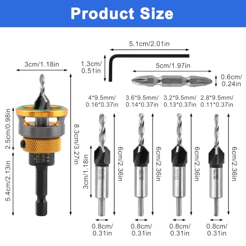 7PCS Countersink Drill Bits Set, Four-Flute Tapered Drill Bits, Alloy Countersink Bit for Wood, Include Adjustable Depth Stop Collar&Wrench for 82 Degree Woodworking, Plywood &MDF