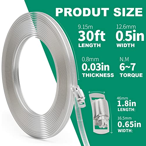 OURU 30FT Hose Clamps 304 Stainless Steel,DIY Metal Strap with 15 Fasteners - size: 30FT Metal Strapping+15 Fasteners