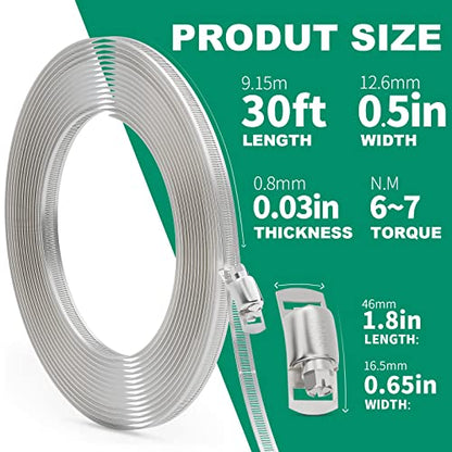 OURU 30FT Hose Clamps 304 Stainless Steel,DIY Metal Strap with 15 Fasteners - size: 30FT Metal Strapping+15 Fasteners