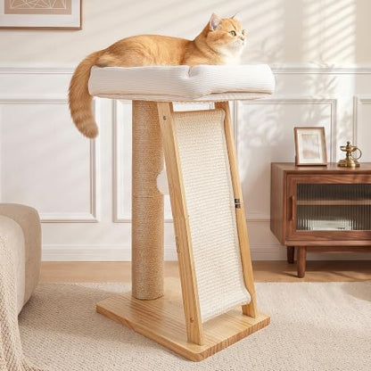 27.5" 3-in-1 Natural Pine Wood Cat Scratching Post for Small Medium Cats - size: Medium