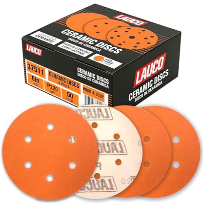 50 PCS 6 Inch 6 Hole Ceramic Sanding Discs P220 Grit, Hook and Loop Orbital Sandpaper, Heavy Duty Sandpaper for Wood, Metal, Automotive, Paint Removal 37508 - size: P220