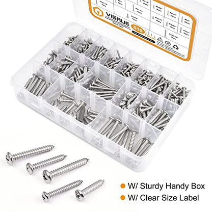VIGRUE 510Pcs Stainless Steel Wood Screws Assortment Kit, #4#6#8#10#12 Phillips Pan Head Sheet Metal Screws Self Tapping Screws Set,Length 3/8" to 1-1/2" - size: 510Pcs Pan Head #4#6#8#10#12