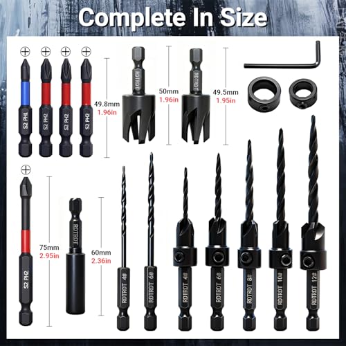 18 Pc Countersink Drill Bit Set, 15PCS Tapered Bits with Plug Cutters
