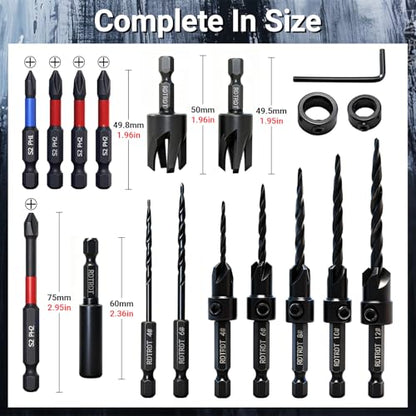 18 Pc Countersink Drill Bit Set, 15PCS Tapered Bits with Plug Cutters