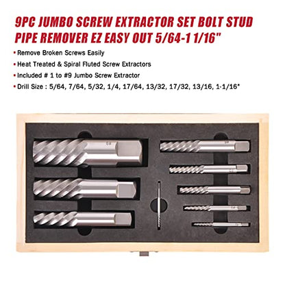 9PCS Jumbo Screw Extractor Set Bolt Stud Pipe Remover Easy Out 5/64 to 1-1/16