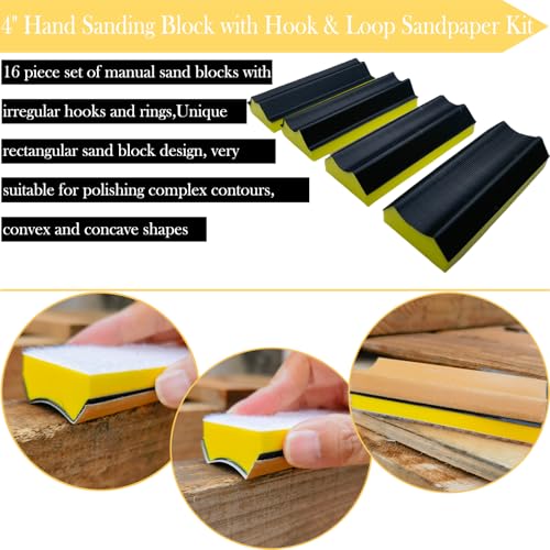 16 PCS Contoured Profile Sanding Block Set - Hook and Loop Foam Material Hand Sander Block- Interchangeable Assorted Convex & Concave Shapes for Sander Wood Woodworking Furniture, Auto Paint