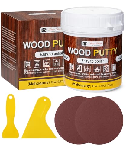 Bates- Wood Filler Putty Repair Kit, 9.87 Ounce, 2 Scrapers, 2 Sandpapers, Mahogany Wood Putty Filler Paintable & Stainable for Cracks, Holes and Defects in Wooden Furniture - color: Pink