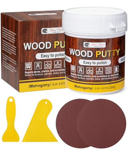 Bates- Wood Filler Putty Repair Kit, 9.87 Ounce, 2 Scrapers, 2 Sandpapers, Mahogany Wood Putty Filler Paintable & Stainable for Cracks, Holes and Defects in Wooden Furniture - color: Pink