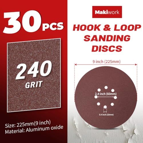 30PCS 9-Inch 8-Hole 240 Grit Hook & Loop Sanding Discs – Heavy-Duty Aluminum Oxide Sandpaper for Drywall Sander, Paint Removal, Wood & Metal Surface Prep - style: 8 Hole