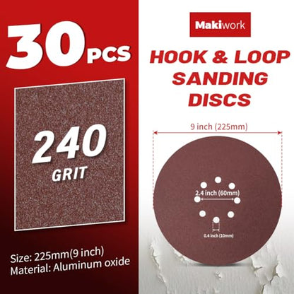 30PCS 9-Inch 8-Hole 240 Grit Hook & Loop Sanding Discs – Heavy-Duty Aluminum Oxide Sandpaper for Drywall Sander, Paint Removal, Wood & Metal Surface Prep - style: 8 Hole