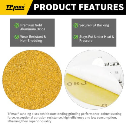 TPmax 6-Inch 600-Grit Gold PSA Sanding Discs, 50 Pack – Pro-Grade Self-Adhesive Stickyback Sandpaper with Quick-Release Tabs for DA Sander, Micro-Finishing Automotive/Wood/Metal Sanding - style: 600 Grit