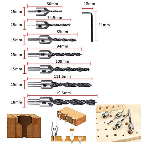 23-Pack Woodworking Chamfer Countersink Drill Bit, 6pcs 1/4" Hex 5 Flute 90 Degree Countersink Drill Bits, 7pcs Three Pointed Countersink Drill Bit, 8PCS Wood Plug Cutter, and Automatic