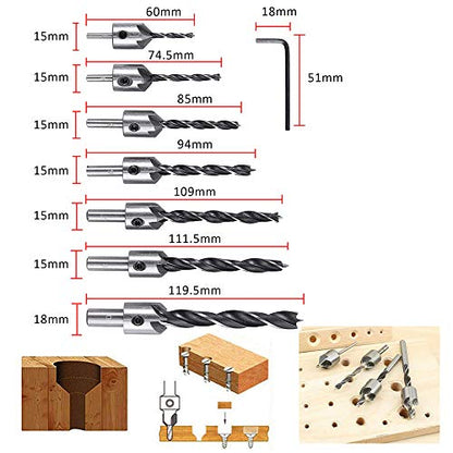 23-Pack Woodworking Chamfer Countersink Drill Bit, 6pcs 1/4" Hex 5 Flute 90 Degree Countersink Drill Bits, 7pcs Three Pointed Countersink Drill Bit, 8PCS Wood Plug Cutter, and Automatic