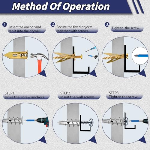 310PCS Self Drilling Drywall Anchors with Screws Kit, Wall Anchors for Drywall, 5-Sizes Metal Expansion Bolt for Dry Wall,155 PCS Sheetrock Anchors and 155 PCS Screws-No Drill Needed