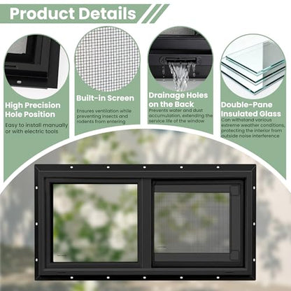 Vinyl Basement Window, Bathroom Sliding Window 32" x 18" Black - size: 32x18 IN