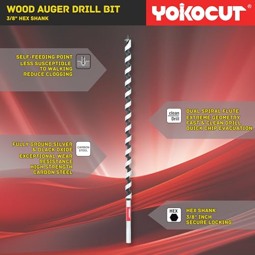 1/2" x 17" Auger Drill Bit for Wood, Hex Shank 3/8 Inch, Wood Boring Drill Bits, Ship Auger Long Drill Bit for Soft and Hard Wood, Plastic, Drywall Tree Stump and Composite Materials - size: 1/2 in, style: Length: 17"