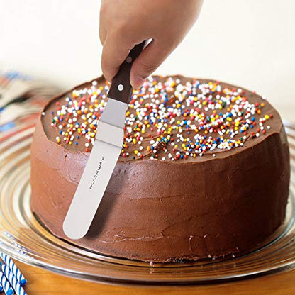Offset Cake Icing Spatula Set of 3 Professional Stainless Steel Decorating Frosting Spatulas (4"-6"-8" Flexible Resistant Blade) Angled with Wooden Handle - size: 4" & 6" & 8" Offset spatulas