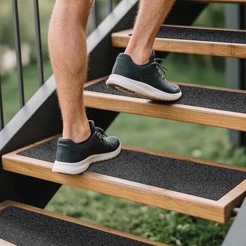 LadyRosian Outdoor Stair Treads Non Slip 10-Pack Black 6" x 24" - Weather Resistant Adhesive Heavy Grip Tape - Waterproof Anti Skid Strips - color: Black, size: 6" x 24"
